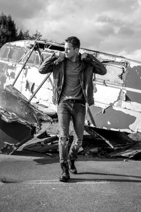 Gary Lucy, black and white editorial portrait, leather jacket